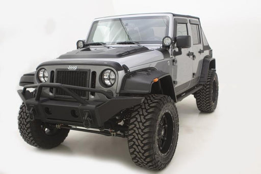Matte black avs jeep wrangler unlimited ventvisor & aeroskin deflector kit - gray jeep with black bumper and wheels
