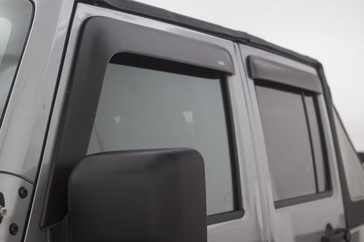 Matte black low profile window deflectors for jeep wrangler unlimited providing fresh air access