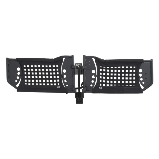 Black plastic brackets for front bumper on Body Armor 4x4 Jeep Wrangler Door Storage Bar.