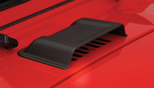 Red jeep wrangler trail armor hood scoop with black hood vent