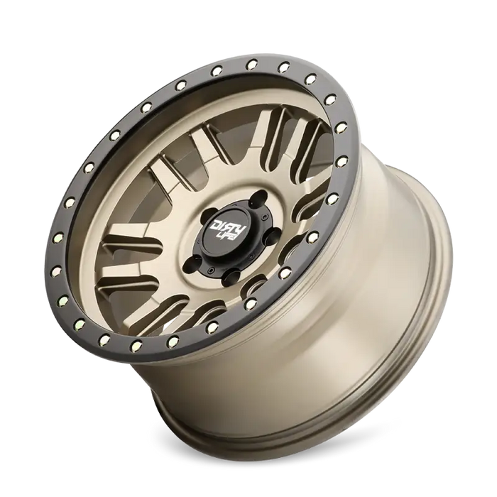 Wheel close up of Dirty Life 9309 Canyon Pro 17x9/5x127 Satin Gold Beadlock