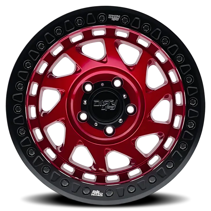 Dirty Life 9313 Enigma Race crimson red and black Jeep wheel cover - SEO alt text