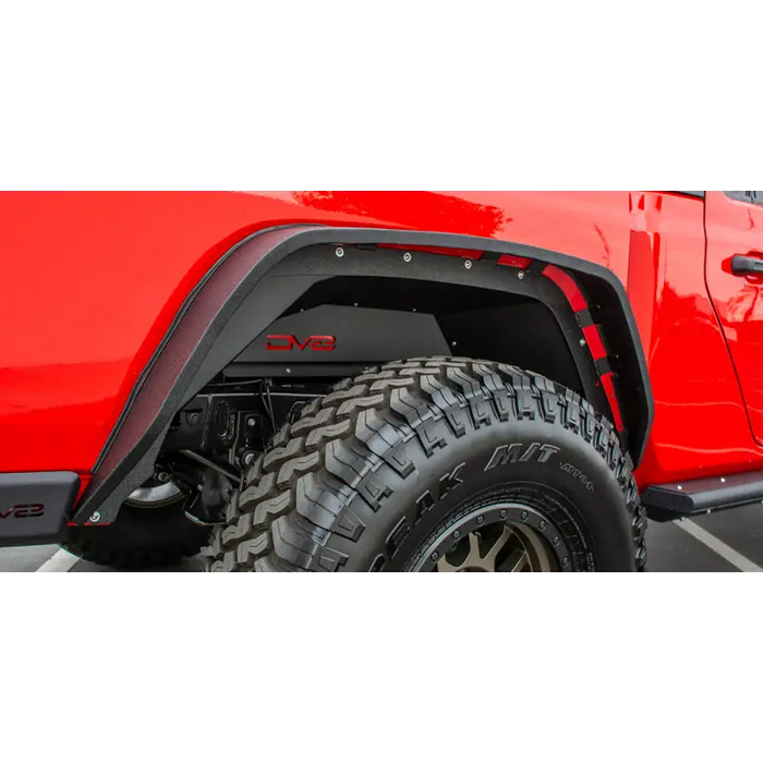 Close up of red Jeep with black bumper - DV8 Offroad Jeep Gladiator Rear Inner Fenders.
