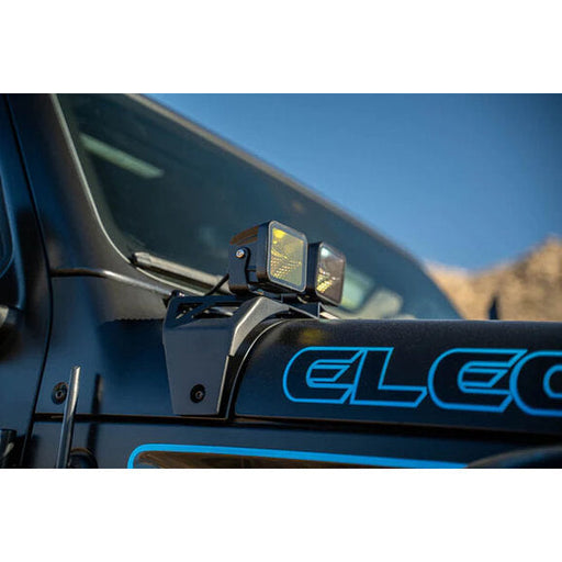 Dv8 offroad jeep wrangler jl 4xe dual light pod mounts with elo light bar on truck