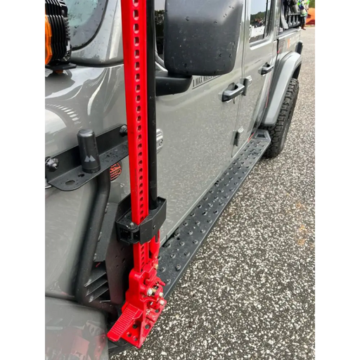 Red lift-equipped Jeep Wrangler JL/JLU/JT front fender jack mount