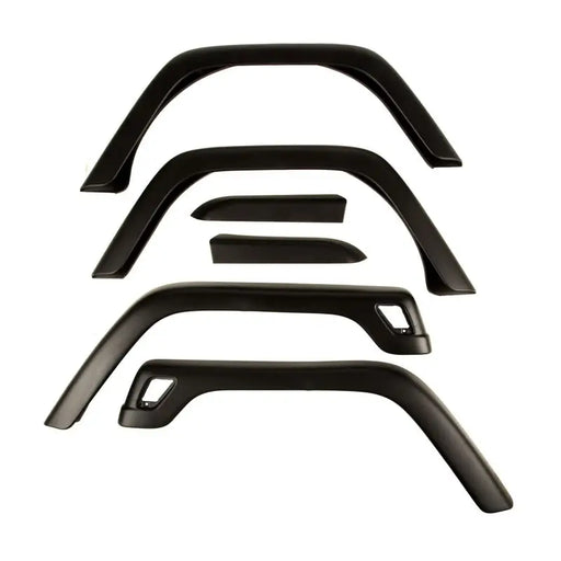 Black front bumpers for BMW E-type displayed in Omix 6-Piece Fender Flare Kit for Jeep Wrangler.