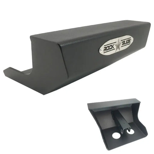 Black plastic box with white logo for Rock Slide OEM receiver hitches in Jeep Gladiator 2020-2022.