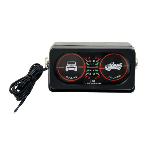 Rugged Ridge Clinometer showing a black car dashboard gauge with red light