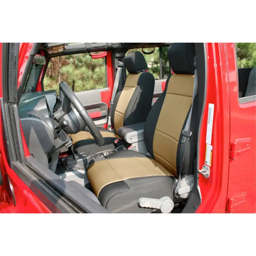 Red truck front seat covers by Rugged Ridge Neoprene for 11-18 Jeep Wrangler JK