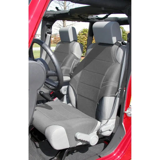 Front seats of a red car - Rugged Ridge Neoprene Seat Vests Gray 07-20 JK/JL/JT