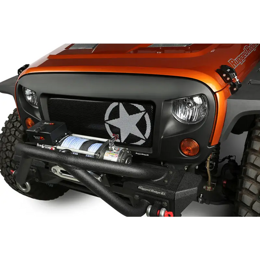 Close-up of a Jeep with star on front bumper - Rugged Ridge Spartan Grille Kit for 07-18 Jeep Wrangler