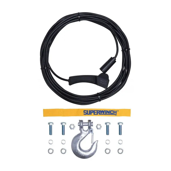 Black cable with hook and two hooks for Superwinch S5500 winch synthetic rope.