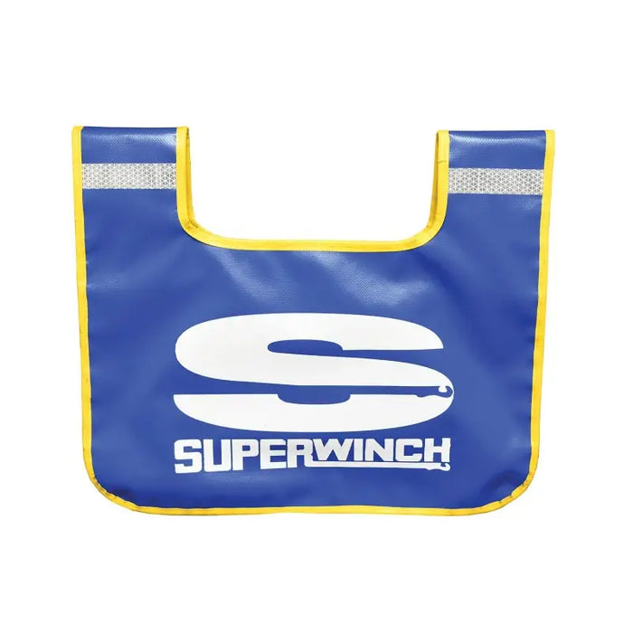 Blue and yellow bib with white logo on Superwinch Winch Rope Dampener.