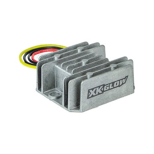 Close up of xk glow 12v dc voltage converter transformer with attached wires