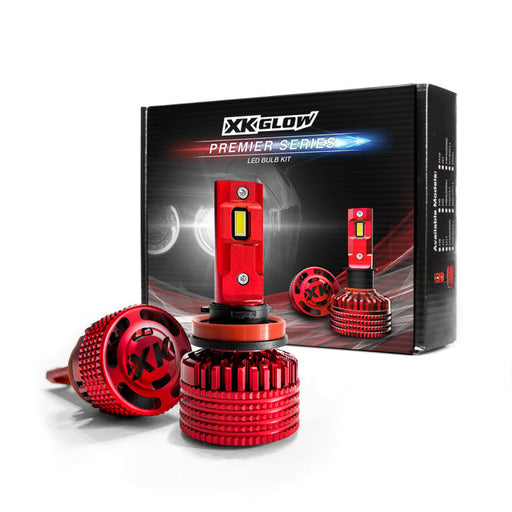Xk glow h11 premier series led bulb kit red led headlight in front of box