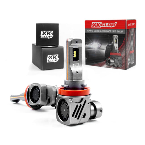 Xk glow h7 ignite series compact led bulb kit - close up of headlight bulbs on a white background