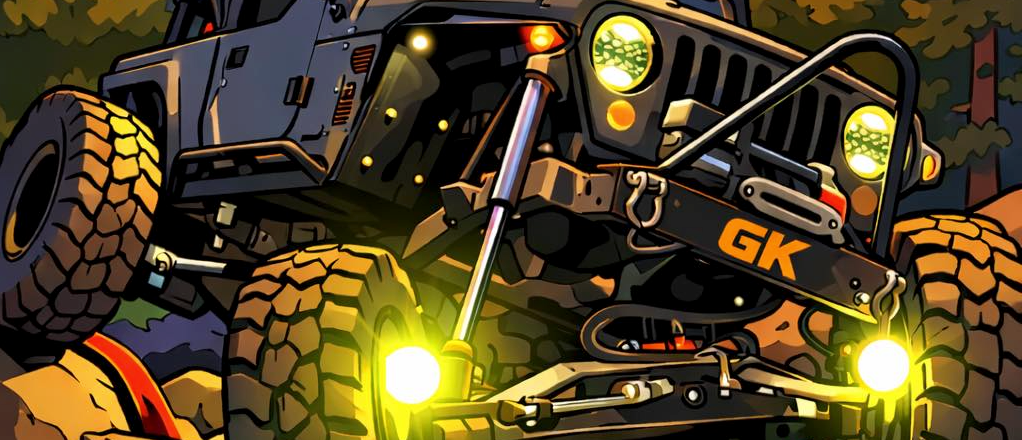 Image of Gatekeeper Off-Road Jeep flexing its suspension with rock lights turned on.