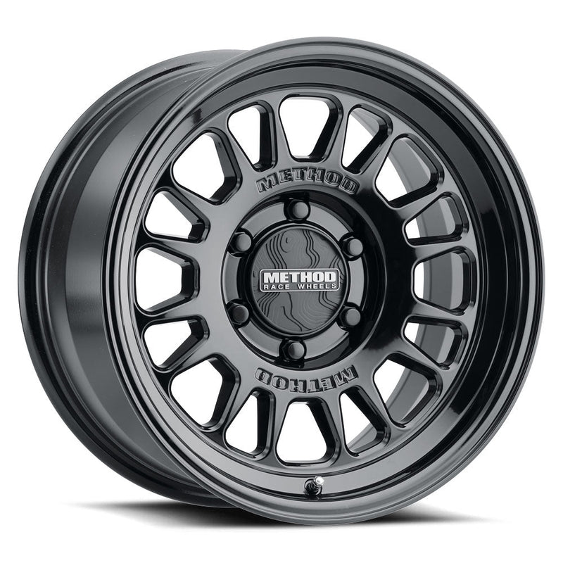 Method mr318 17x8 gloss black wheel on white background