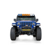 Close up view of blue jeep with lights on it from addictive desert designs rock fighter front bumper.