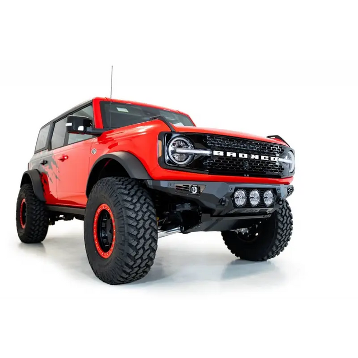 Satin black aluminum front bumper with red truck on white background