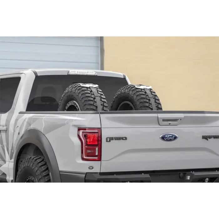 White truck with large tire on back in Addictive Desert Designs Universal Tire Carrier