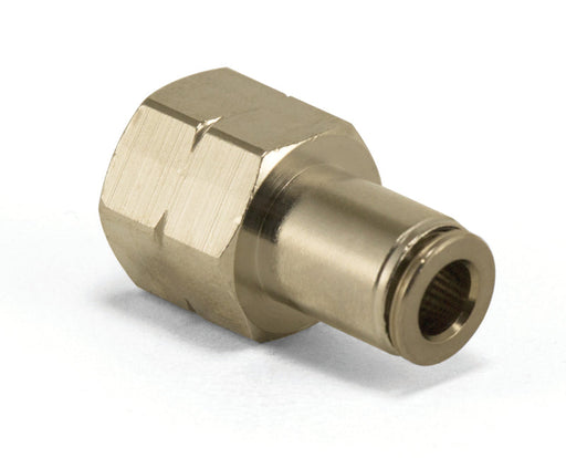 Brass colored metal fitting for air lift straight female - 1/4in fnpt x 1/4in ptc on white background