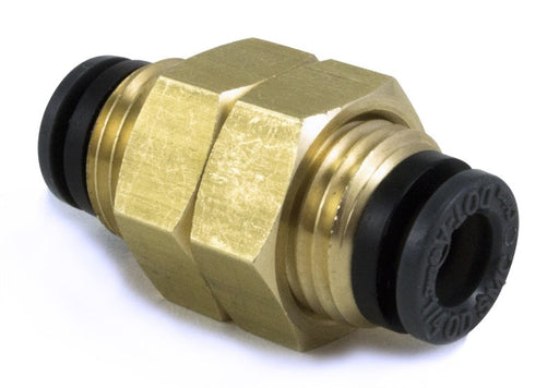 Air lift universal bulkhead union 1/4in ptc x 1/4in ptc-dot brass colored hose fitting on white background