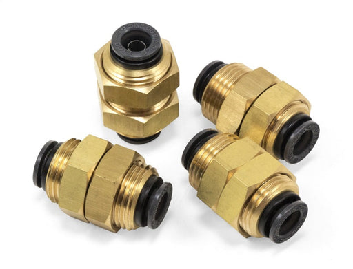 Air lift universal bulkhead union 3/8in ptc x 3/8in ptc-dot, three brass colored hose fittings with black caps