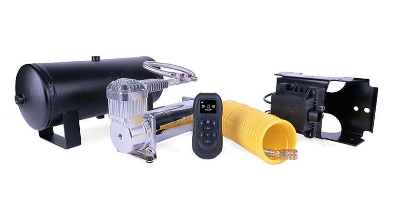 Air lift wireless air tank kit with remote control device and yellow hose