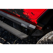 Red Jeep Wrangler JL 2DR front bumper plate close up.