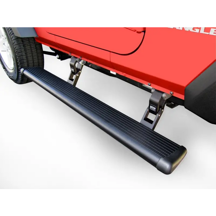 Red Jeep with Black AMP Research PowerStep bars for 20-24 Jeep Gladiator.