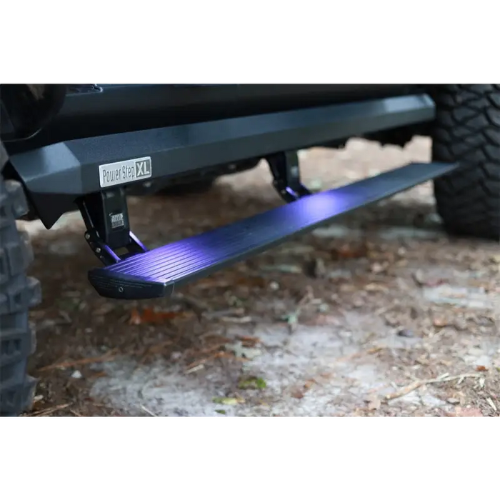 AMP Research black Jeep JT Gladiator PowerStep XL with blue LED - front bumper plate zoomed in