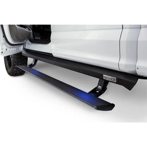 White truck with blue LED strip - AMP Research PowerStep XL for 2007-2018 Jeep Wrangler JKU 4DR - Black