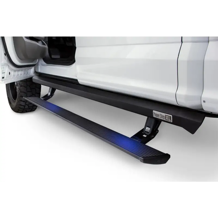 AMP Research Ford Bronco XL PowerStep - Black with blue LED under the bed.