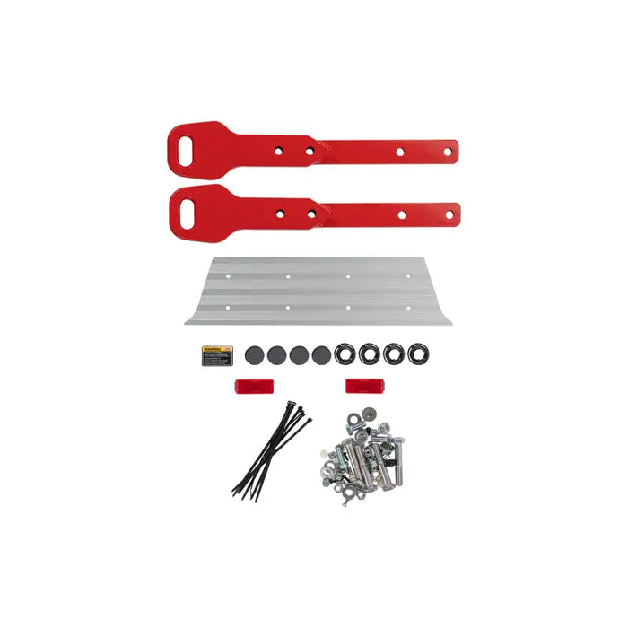 A red plastic tool kit with a metal handle and a metal handle