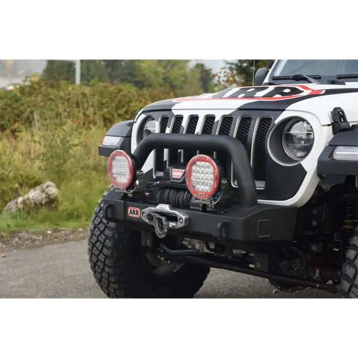 White Jeep with red and black stripe on ARB Bar Jl T/Stubby.