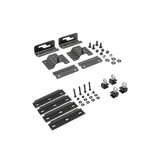 Black metal hardware for ARB BASE Rack Adventure Mount Kit, ideal for Jeep Wrangler and Ford Bronco.