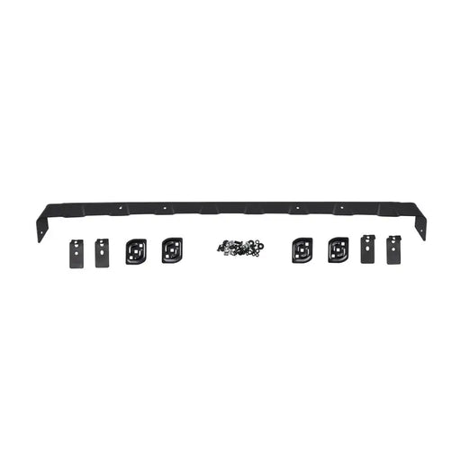Black metal shelf with three brackets for ARB Base Rack Deflector and Mount Kit - base rack specific.
