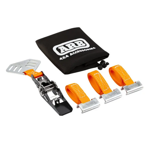 ARB Baserack spare wheel Y strap with orange seat belts and black bag.