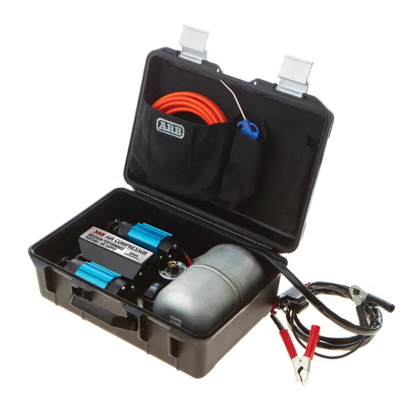 ARB Compressor Twin Portable 12V product specifications sheet displaying a black case with a blue and white light.