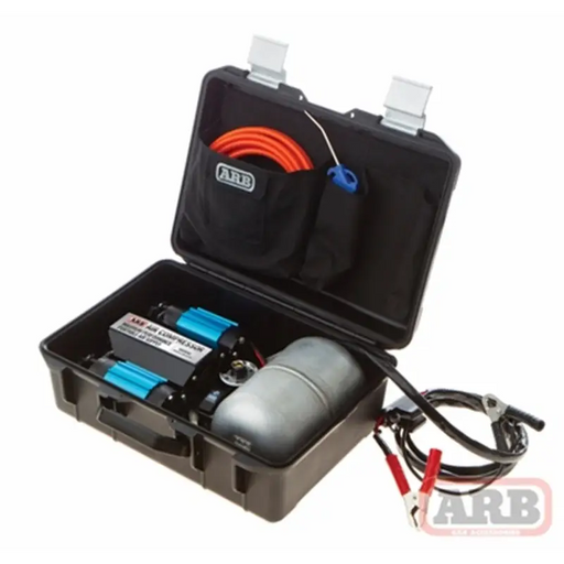 ARB Compressor Twin Portable 12V product specifications sheet with black case and blue/white light