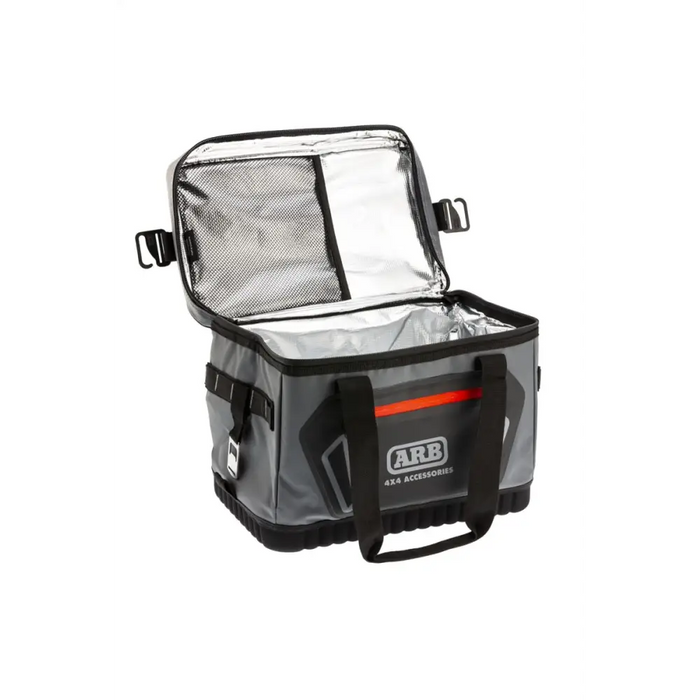 ARB Cooler Bag Charcoal w/ Red Highlights - Large Grey and Black Cooler holding 22 cans