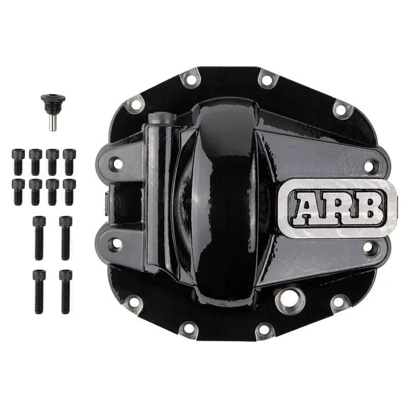 Black aluminum front brake mount for Honda TRX 250 displayed in ARB Differential Cover for Jeep JL Rubicon Front.