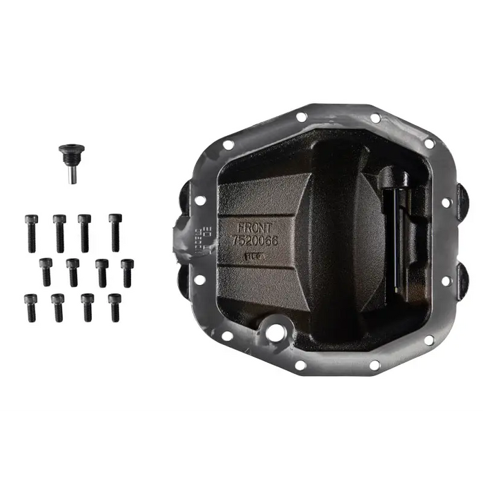 Black plastic ARB differential cover for Jeep JL Rubicon Front with screws and bolts.