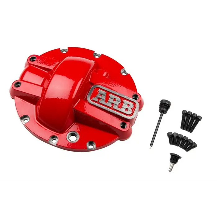 Red cap with screws for ARB Diff Cover Chrysler 8.25In to protect against road hazards.