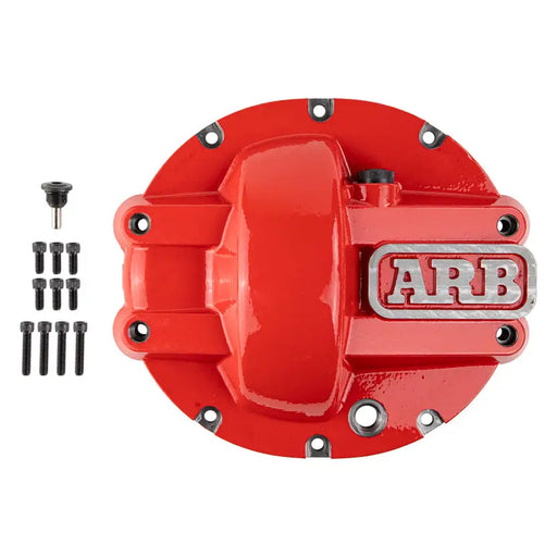 Red aluminum differential hub with screws and ARB Diff Cover Chrysler 8.25In.