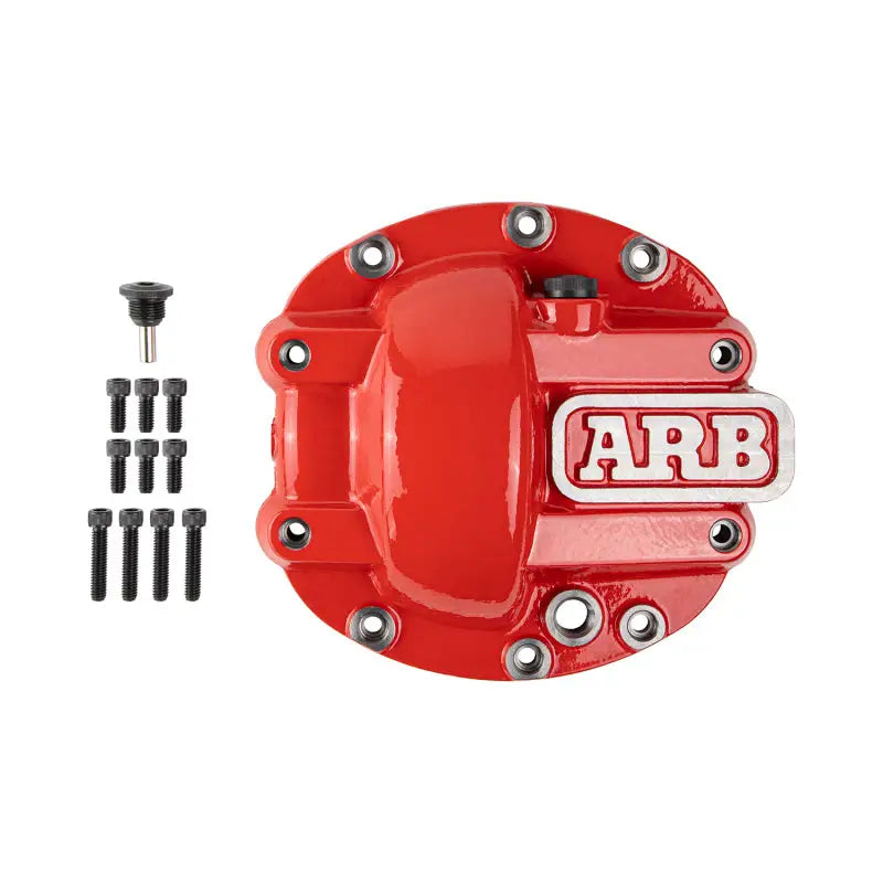 Red aluminum ARB Diff Cover D30 with bolts - protection against road hazards for Jeep Wrangler and Ford Bronco.