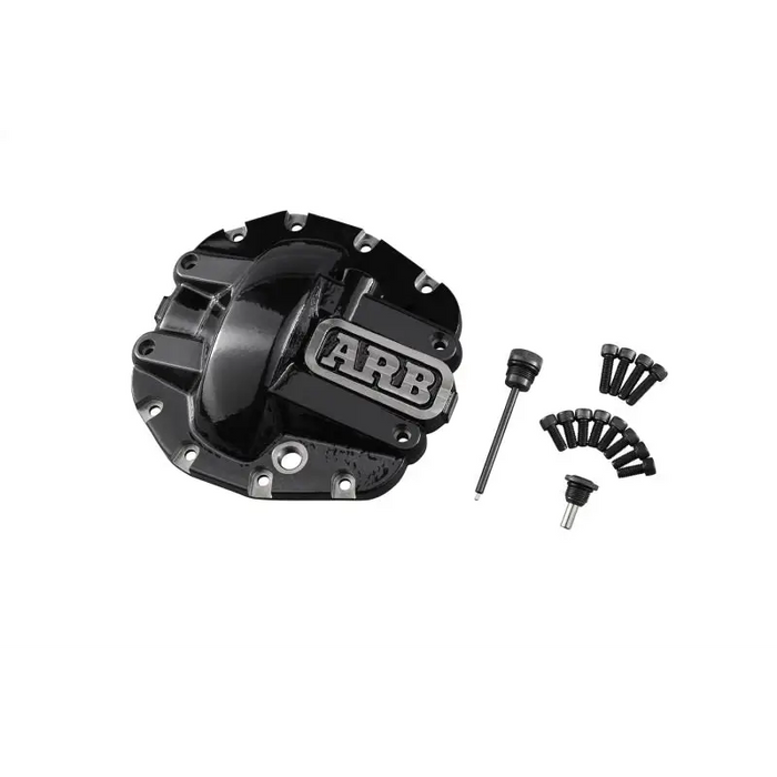 Black motorcycle brake cover with screw on ARB’s differential cover for JL Sport front M186 axle.