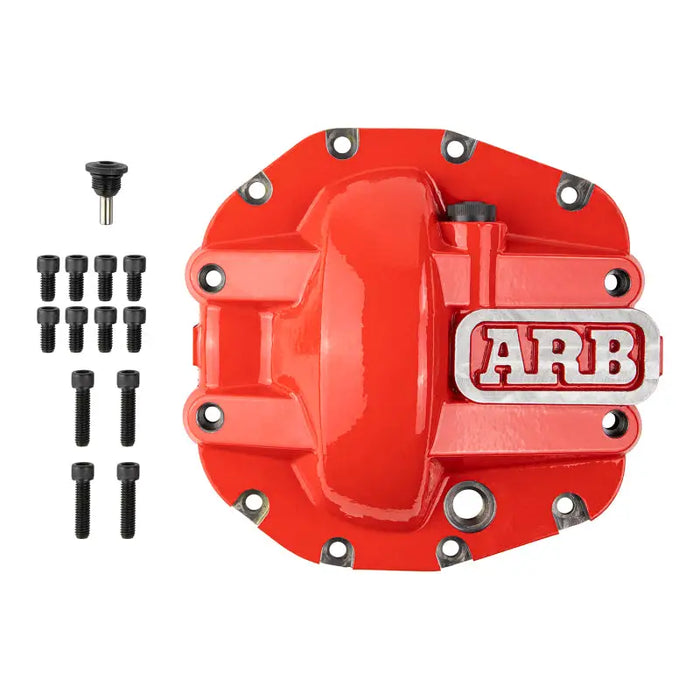 AR Racing red aluminum brake cover for Honda displayed on ARB Diff Cover JL Sport Rear M200 Axle.