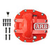 AR Racing red aluminum brake cover for Honda displayed on ARB Diff Cover JL Sport Rear M200 Axle.